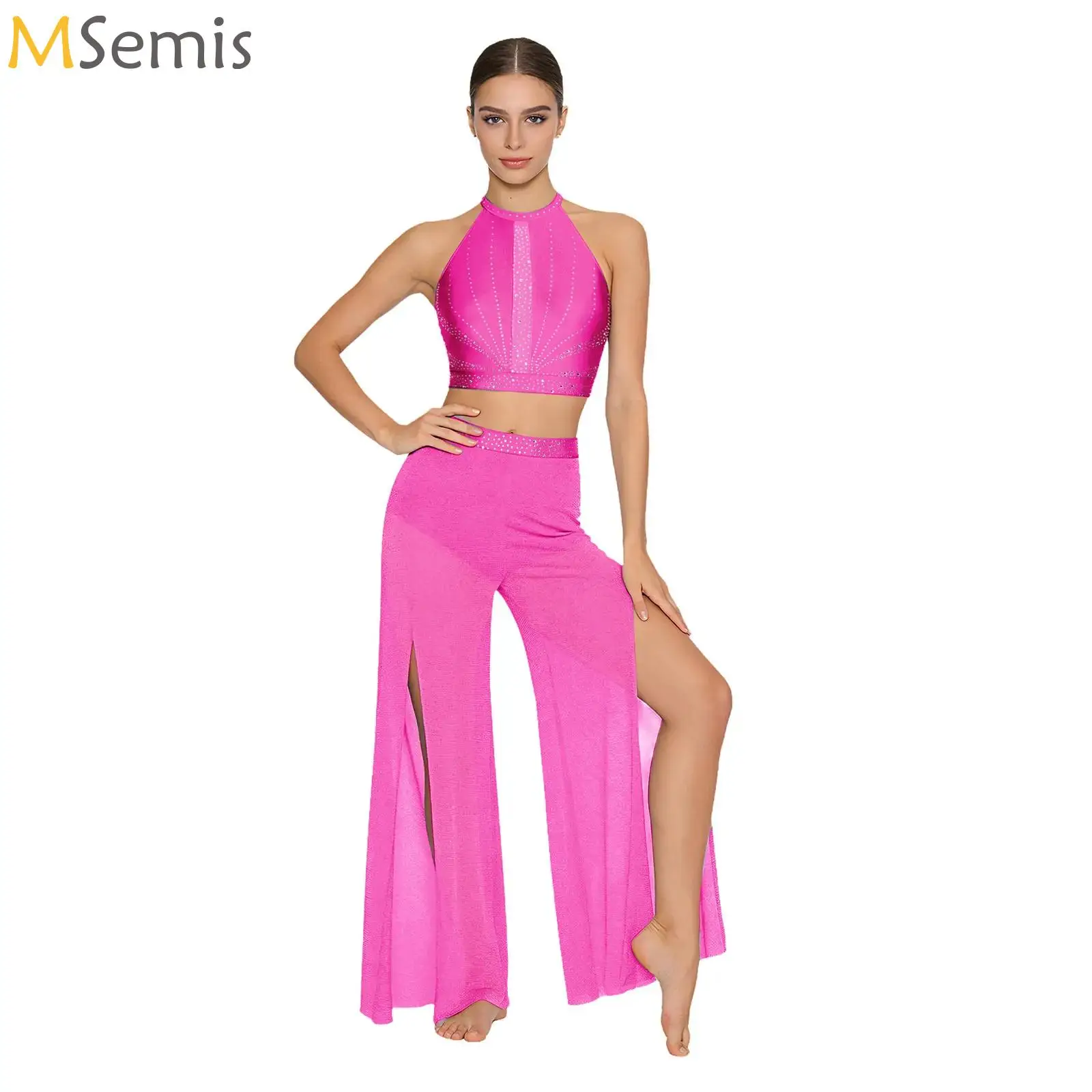 

Women Modern Lyrical Dance Outfit Sleeveless Rhinestone Crop Tops+Shimmering Pants 2-piece Set for Stage Performance Competition