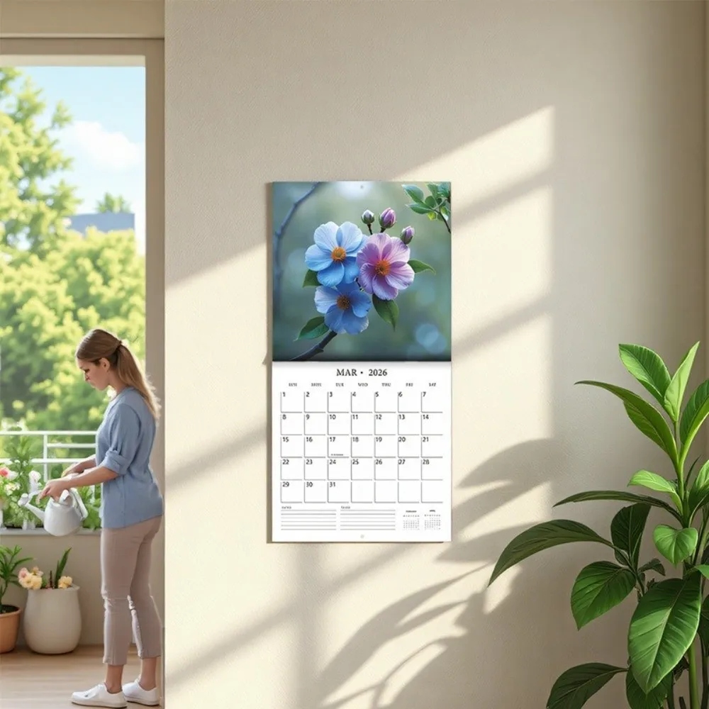 

12 Month Flowers Themed Wall Calendar Wall Hanging Thick Paper 2026 Calendar Decorative Planner Calendar Household Scenes