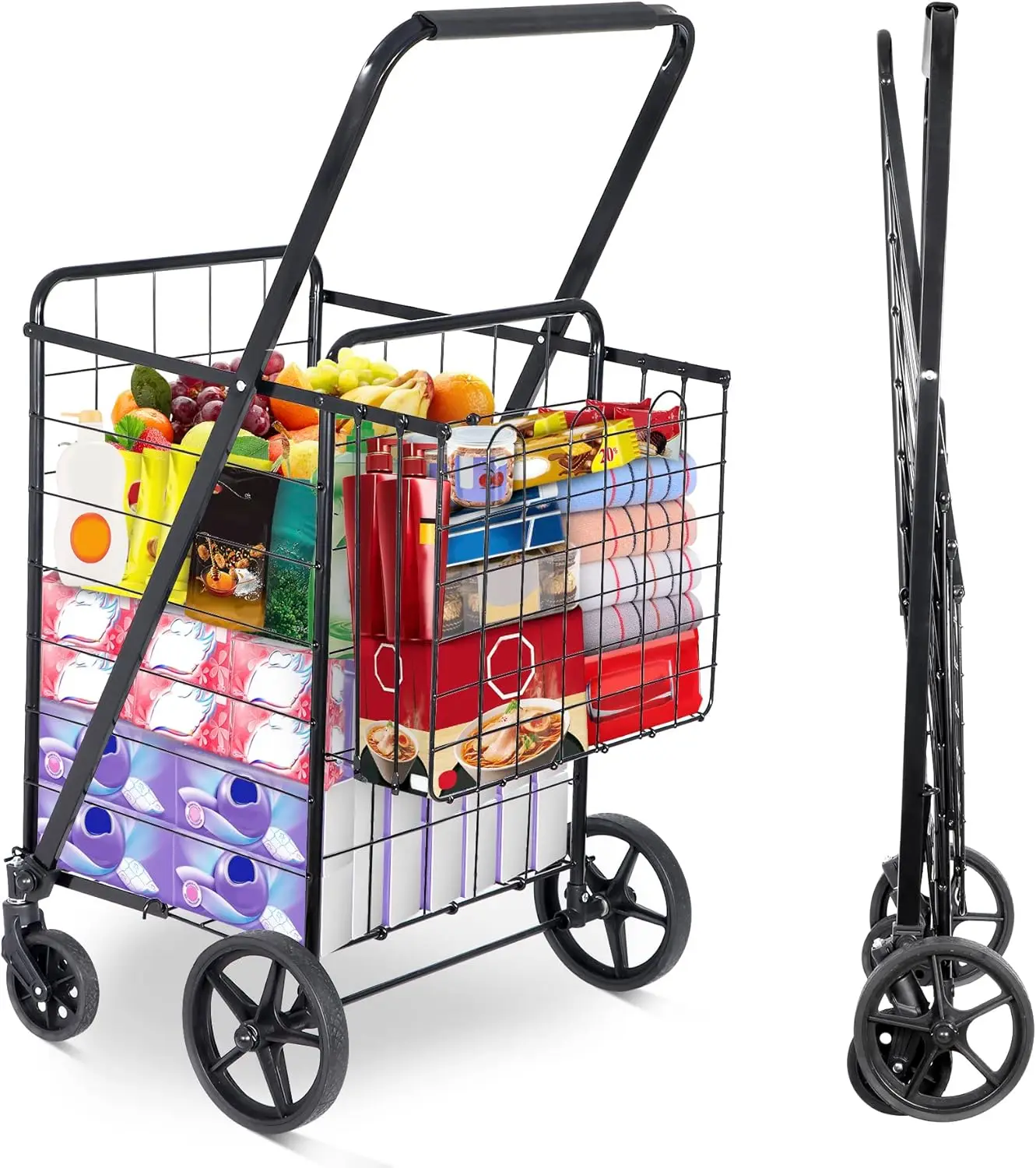 

Складная тележка для покупок, компактная портативная тележка для продуктов с колесами, двойными корзинами, складная тележка для прачечной и покупок