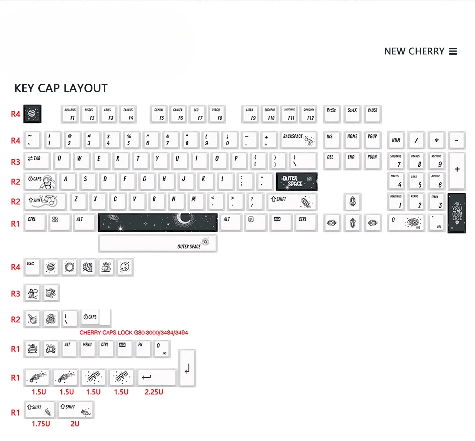 

Space Keycap Factory Height PBT Sublimation Space 134 Key Adaptation 61 64 68 87 104 108