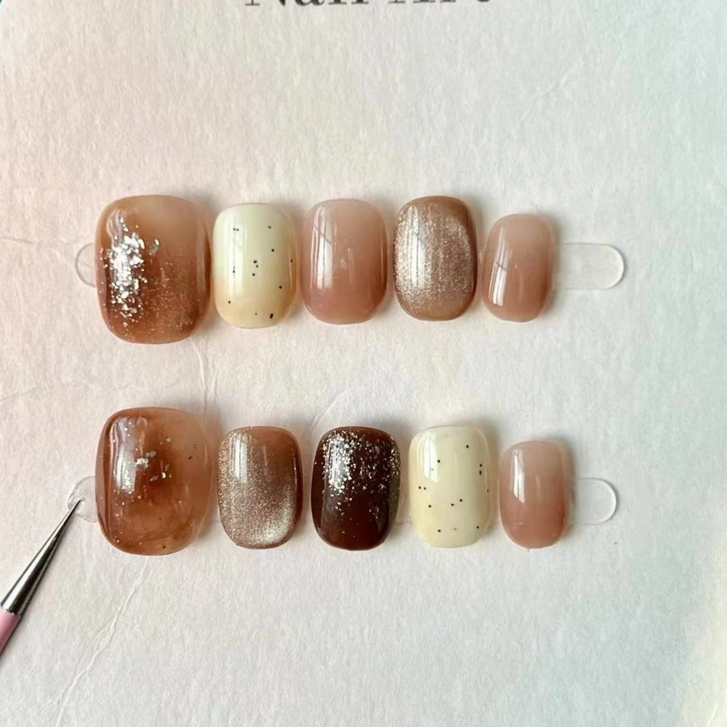10Pcs/set Autumn Square Handmade Press on Nails Brown Blurred Fake Nails Wearable Stick-on Nails False Nail Накладные Ногти 네일팁