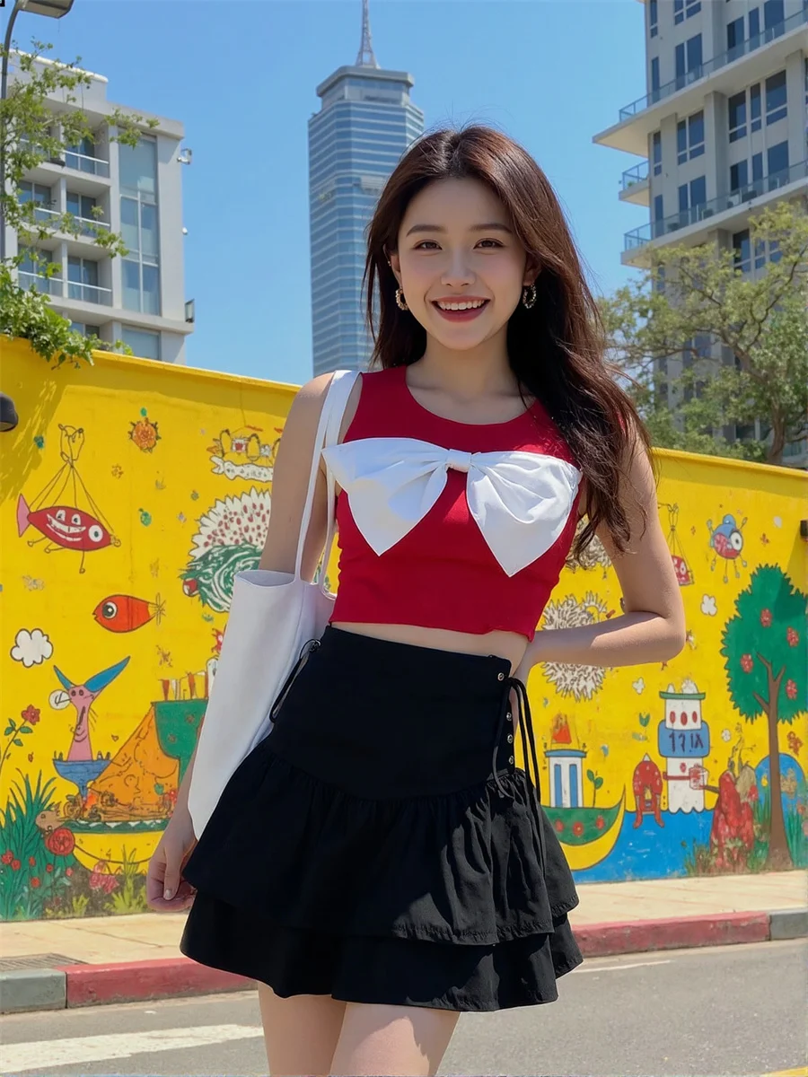 

Black Bandage Mini Skirts Womens Buckled Patchwork Layered Applique Artistic Quality Waist Pattern Modern Chic Feminina