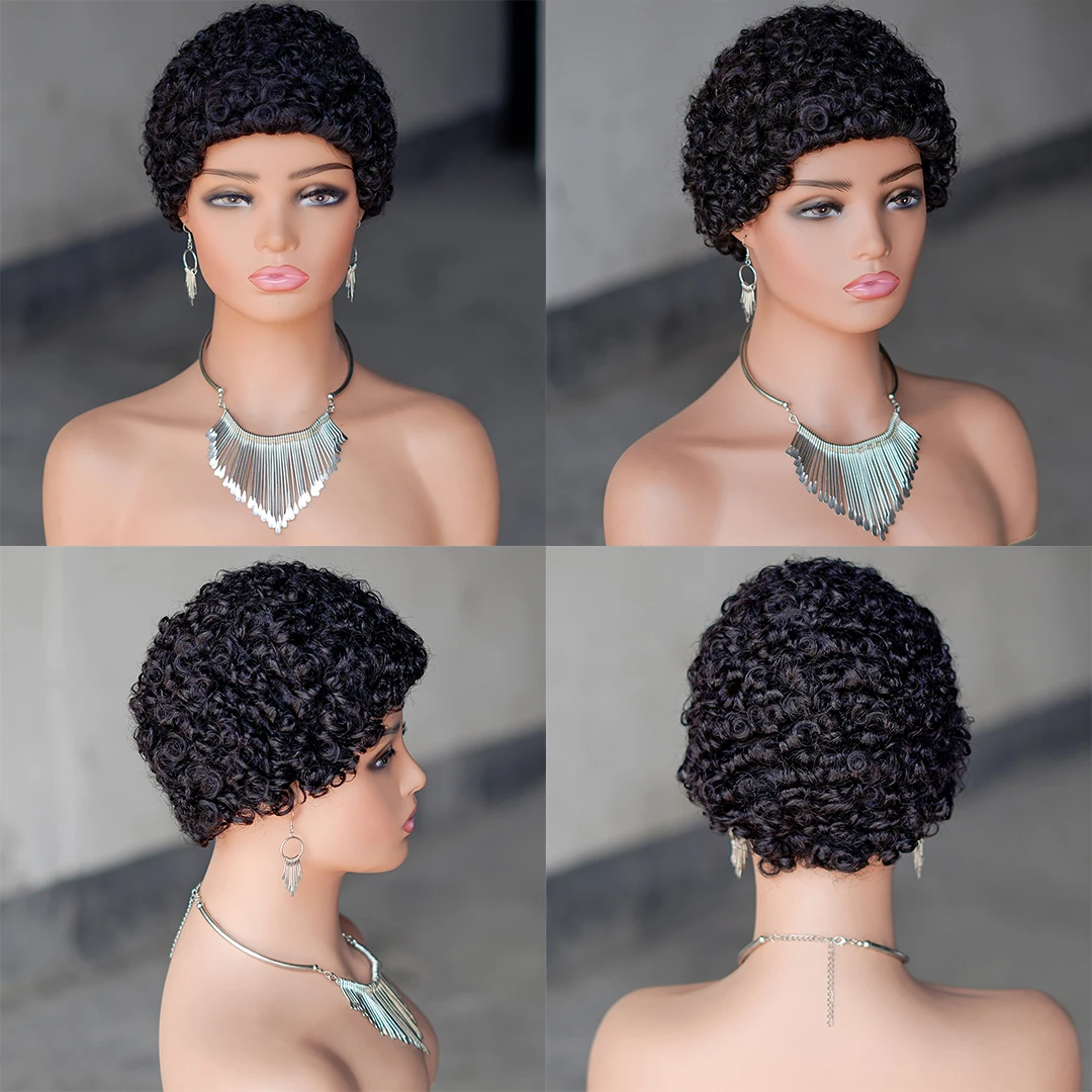 Curto encaracolado perucas para mulheres negras, cor natural, cabelo humano, Pixie corte, onda, máquina feita, densidade de 150%, 4in, 1B #