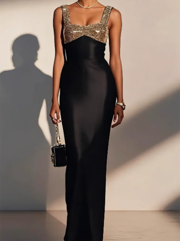 مثير بلا أكمام الرسن عالية الخصر مأدبة فستان سيدة أنيقة اللون منعت فستان موضة الترتر تقسم الساتان فستان سهرة نحيف