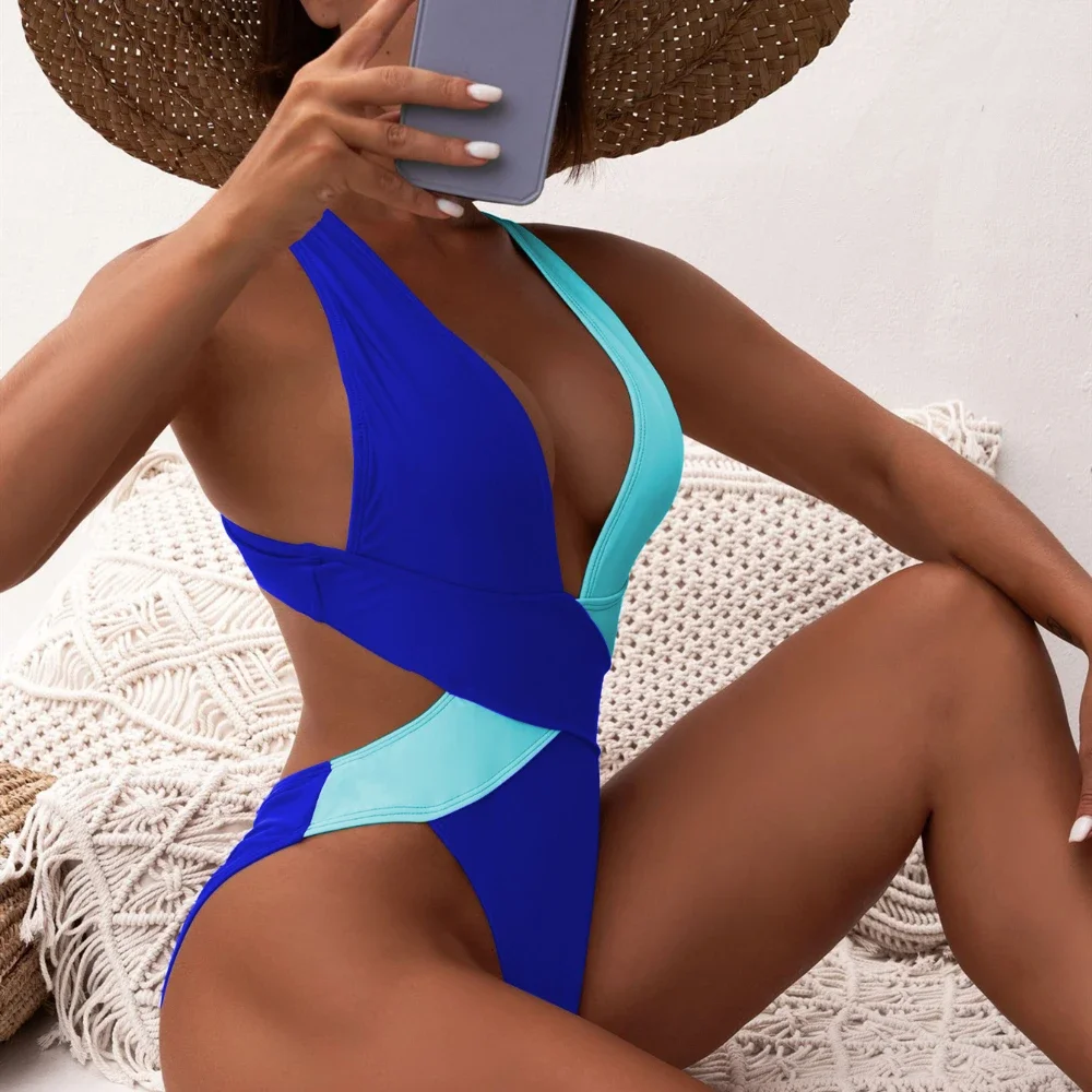 Custom LOGO new one-piece swimsuit splicing bikini European and American swimsuit women's cross swimsuit color matching bikini