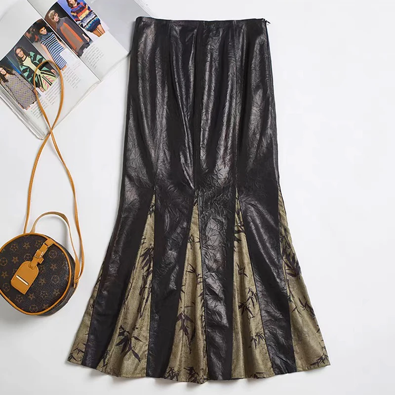 

Elegant Chinese Style Mermaid Skirt Genuine Sheepskin Floral Print Feminine Vintage Jupe Long Skirts for Women