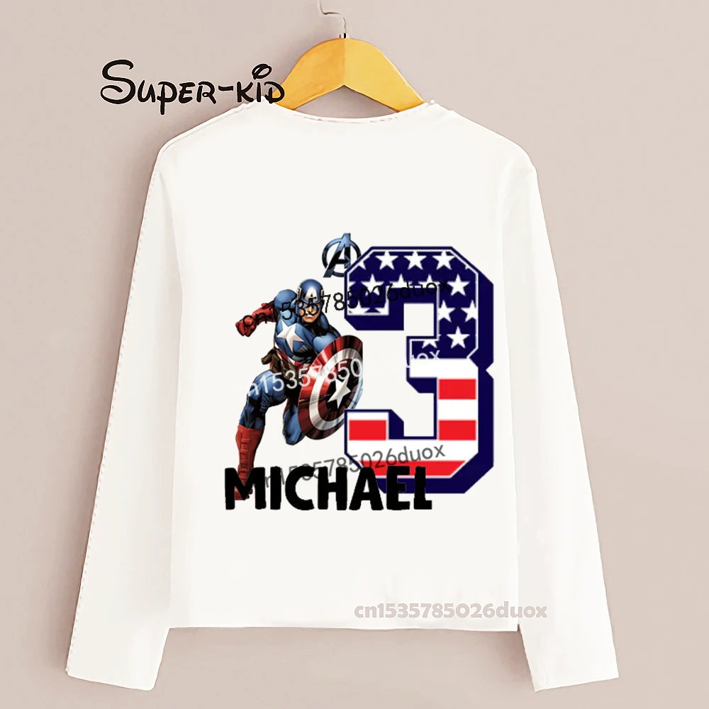 Spring and Autumn Captain America Birthday Long Sleeve Kid T-shirt 2 3 4 5 6 7 8 9 MARVEL Birthday Party Customized Name Clothes