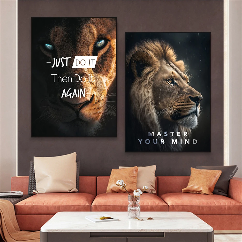 Master Your Mind Lion Art Canvas Painting Motivational Quote Wall Art Wall Print Animal Poster Gym Room Inspirational Home Decor