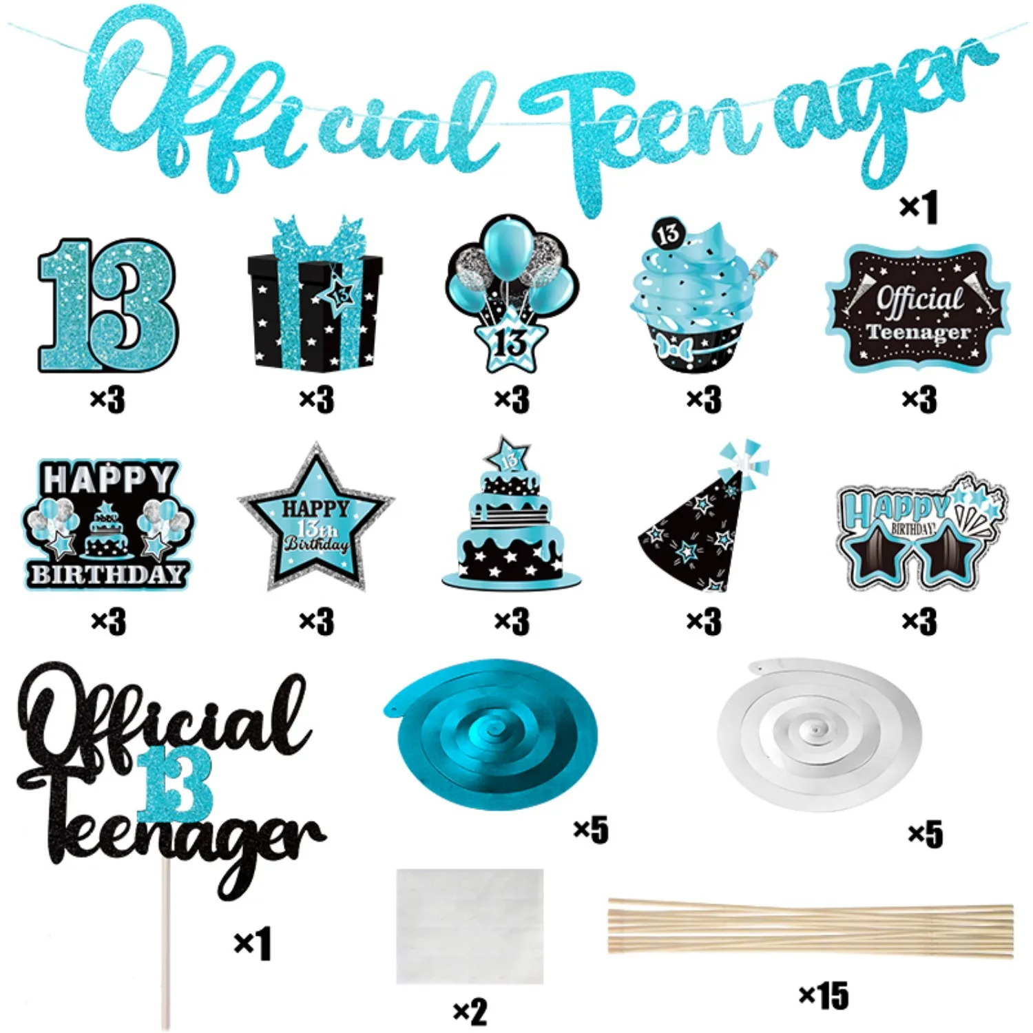 13th Birthday Party Decoration Set Blue Ceiling Spiral Decorations Official 13 Teen Backdrop Banner for Girl's Theme Celebration