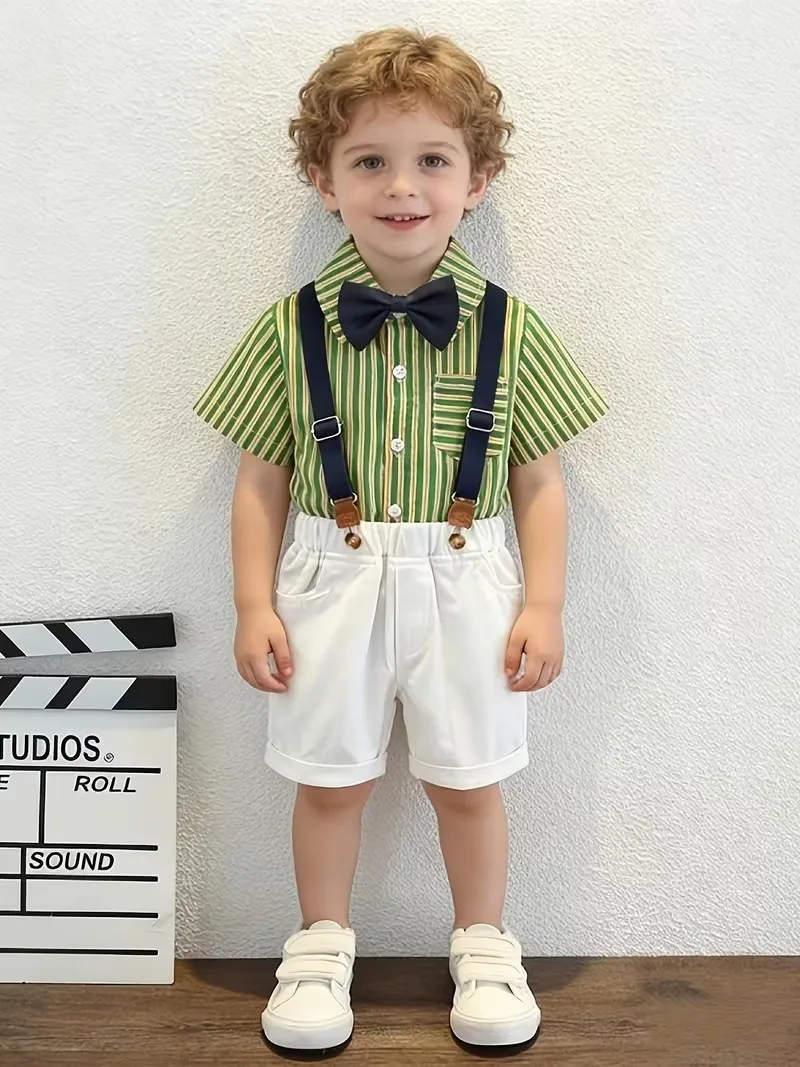 80-120 Russia Boys Summer 4Pieces/Set Shirt Shorts Strap Bowtie Suit Children Photography Dress Kids Wedding Birthday Outfit