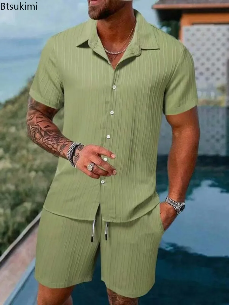 Conjuntos de estilo playero para hombre, camisas de manga corta y pantalones cortos con textura de tira de alta calidad, cómodas e informales, de 2