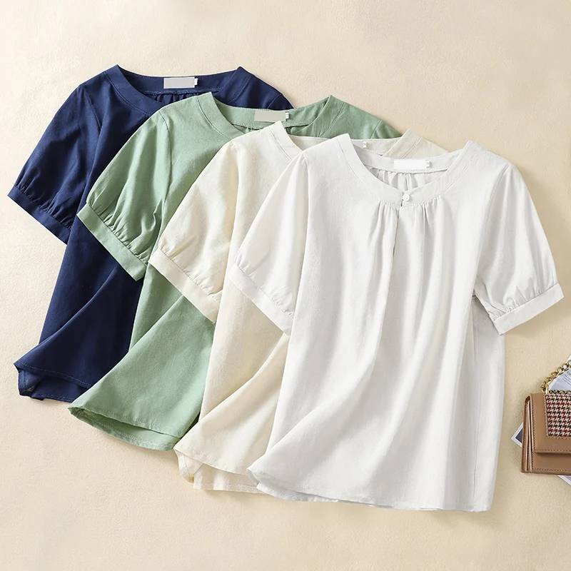 

Художественная однотонная хлопково-льняная футболка ort Sve, женский повседневный топ с круглыми пуговицами больших размеров