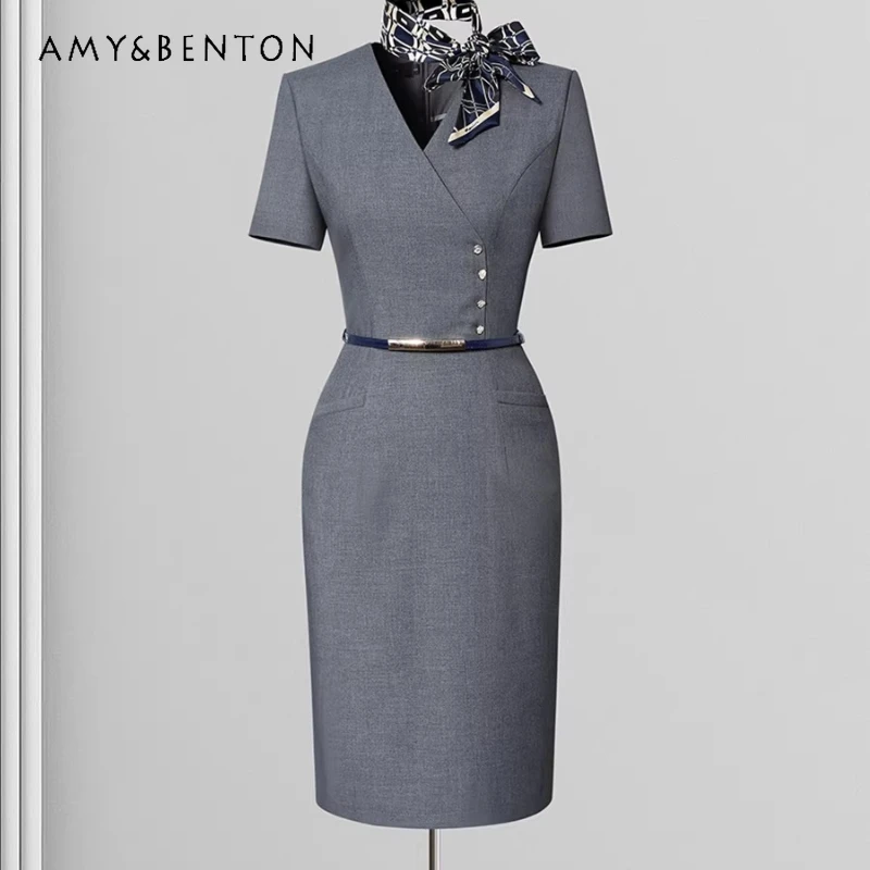 

Women's Professional Dress 2026 Summer Solid Color V-Collar Short-sleeved Temperament Slimming Thin Work Clothes Dresses Ladies