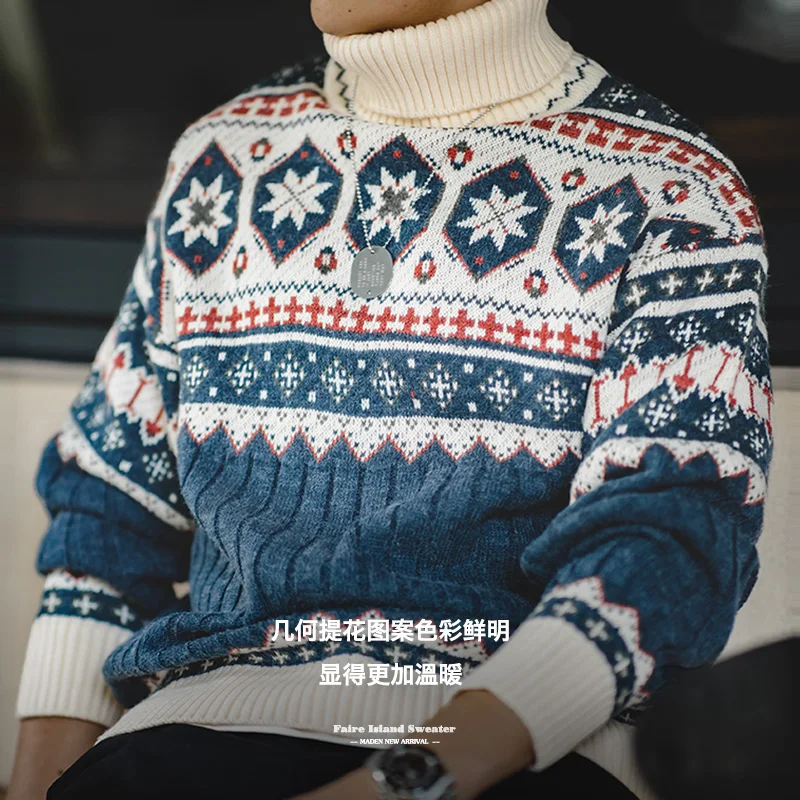 Maden Vintage Fair Isle Knitted Sweater Christmas Warm Turtleneck Knitted Pullover Barn-style Warm Knitwear for Men's Winter