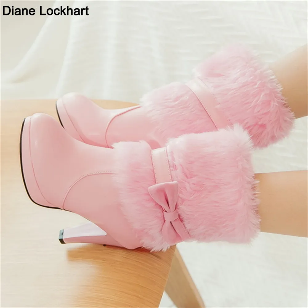 2024 New Winter Fashion Womens Warm Fur High-heeled Boots Pink White Black Bowtie Lovely Lolita Ladies Party Wedding Shoes 33-43