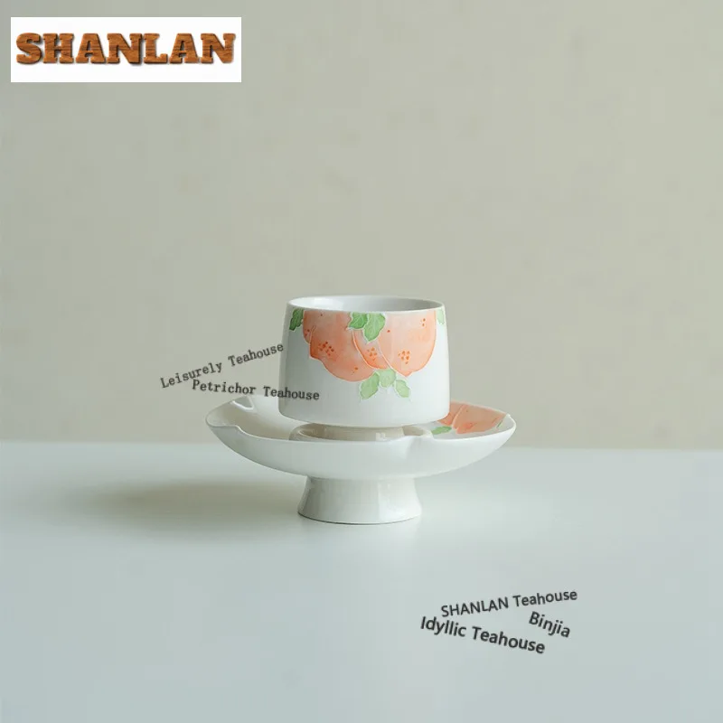 

60ml Hand Painted Peach Teacup Luxury Tea Bowl Water Jug Tea-tasting Fragrance Cup Jianzhan Master Cups High Foot Coaster Gift