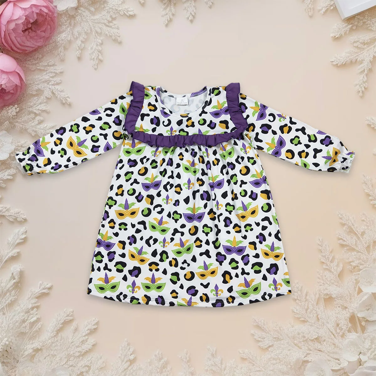

Baby Girl Long Sleeve Leopard Masks Mardi Gras Knee Length Dresses Kids Infant Toddler Dress Children Clothing Wholesale