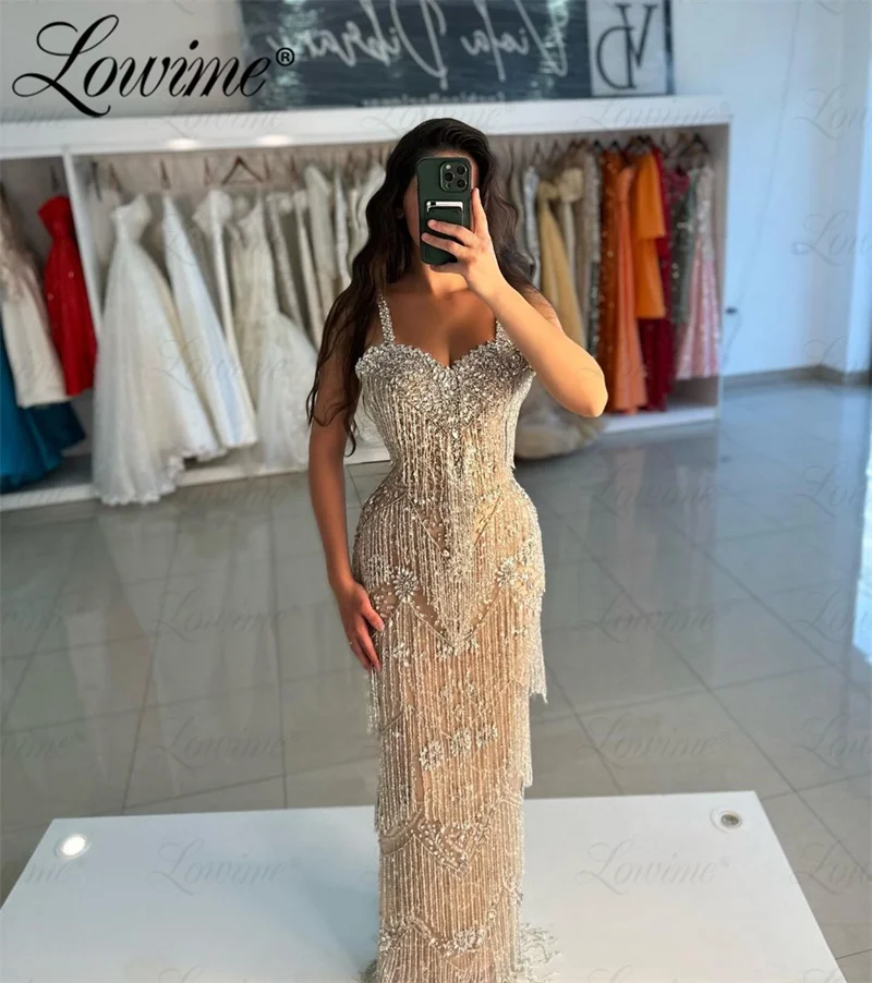 2024 Haute Coutures Celebrity Dresses Champagne Beading Crystals Tassel Formal Occasion Women Evening Dress Wedding Party Gowns