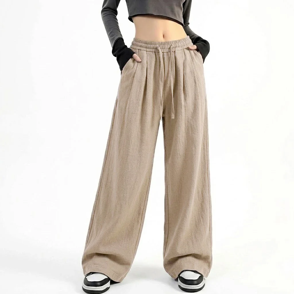 Womens Broad Leg Joggers Loose Fall Sweat Trousers Cotton Wide Leg Slacks Drawcord Waist Straight Cut Pants Athletic Workout