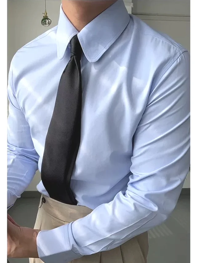 

Blue Long Sleeve Ice Silk Casual Shirt Men's No Ironing Seamless Base Layer Western Style Workwear Breathable Youth Popular