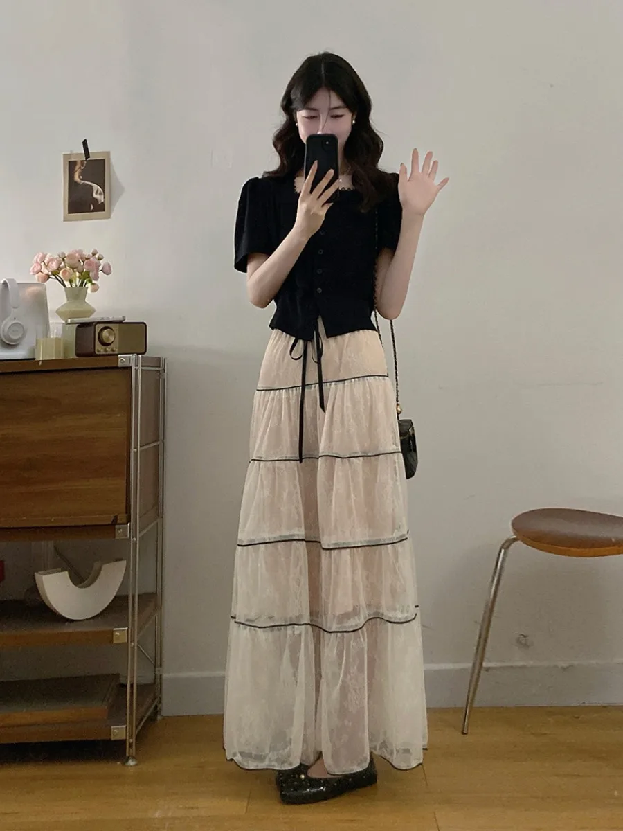 Black Lace Mesh Cake Skirt T-Shirt Women's Fashion Summer New Style Casual Fit High Waist Short Sleeve Square Collar Top