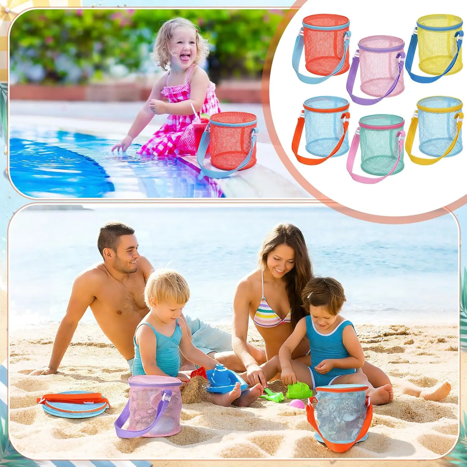 Sea Shell Bags Beach Mesh Seashell Holder Shelling Toys Storage Bag Collecting Bucket Bulk for Sandbox Beach Vacation Essentials