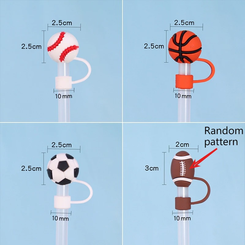 Sports Ball Silicone Straw Covers, 4 Styles Reusable Dust-Proof Toppers for 10mm Straws, Fits Tumblers, Cups & Daily Use