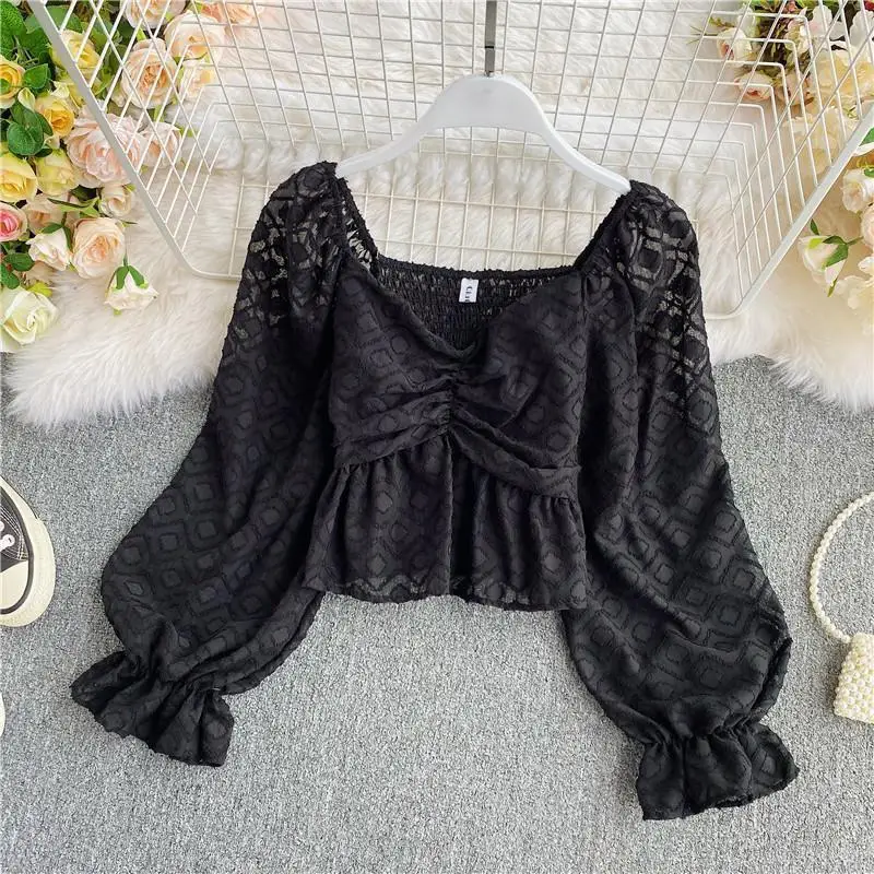 Blouses Women Spring New Square Collar Folds Cropped Solid Clothing Harajuku Daily Aesthetic Sexy Tops Breathable Tender Mujer