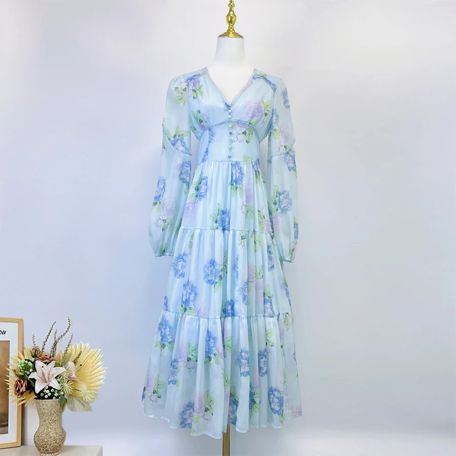 French Fashion Women V Neck Flower High Waist Long Dress New Autumn Pink Floral Print Chiffon Lantern Sleeve Holiday Maxi Robe
