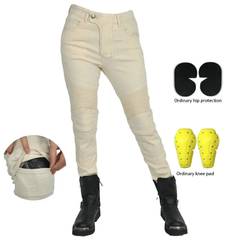 

Volero Motorcycle Protective Riding Pants Female Motocross Knight Cycling Protection Jeans Loose Straight Trousers Rice White