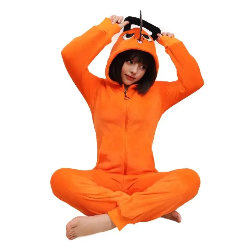 WENAM Adult Pochita Onesie Pajamas Denji Cosplay Slim Sleepwear with Pockets Flannel Cartoon Pajamas Sleepwear