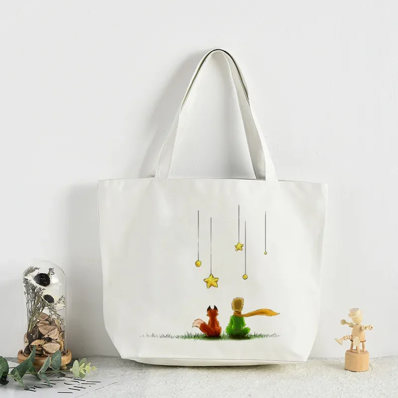 Cartoon Earth Space Little Prince Shopping Bag Women Pattern Handbag Casual Large Top-handle Bags for Women