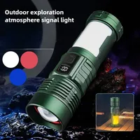Multifunctional portable strong light flashlight telescopic zoom usb rechargeable multi-light source camping light with flame