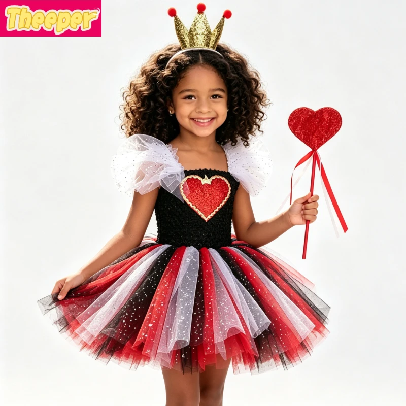 Queen of Heart Tutu Costume Black Glitter Dress Red Heart Applique Layered Sparkle Tulle Skirt Crown Heart Wand Party Outfit