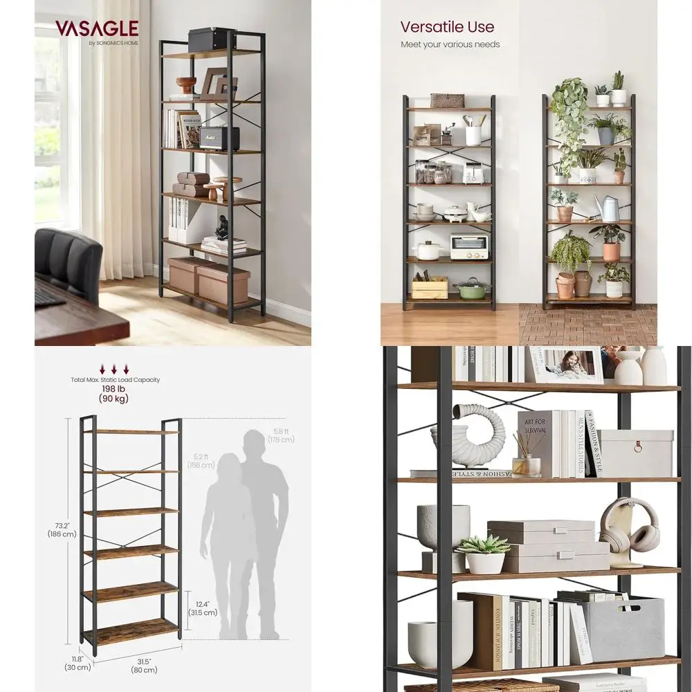 

6-Tier Industrial Bookshelf, Steel Framed, Rustic Brown & Ink Black, for Living Spaces and Offices, 11.8x31.5x73.2 Inches