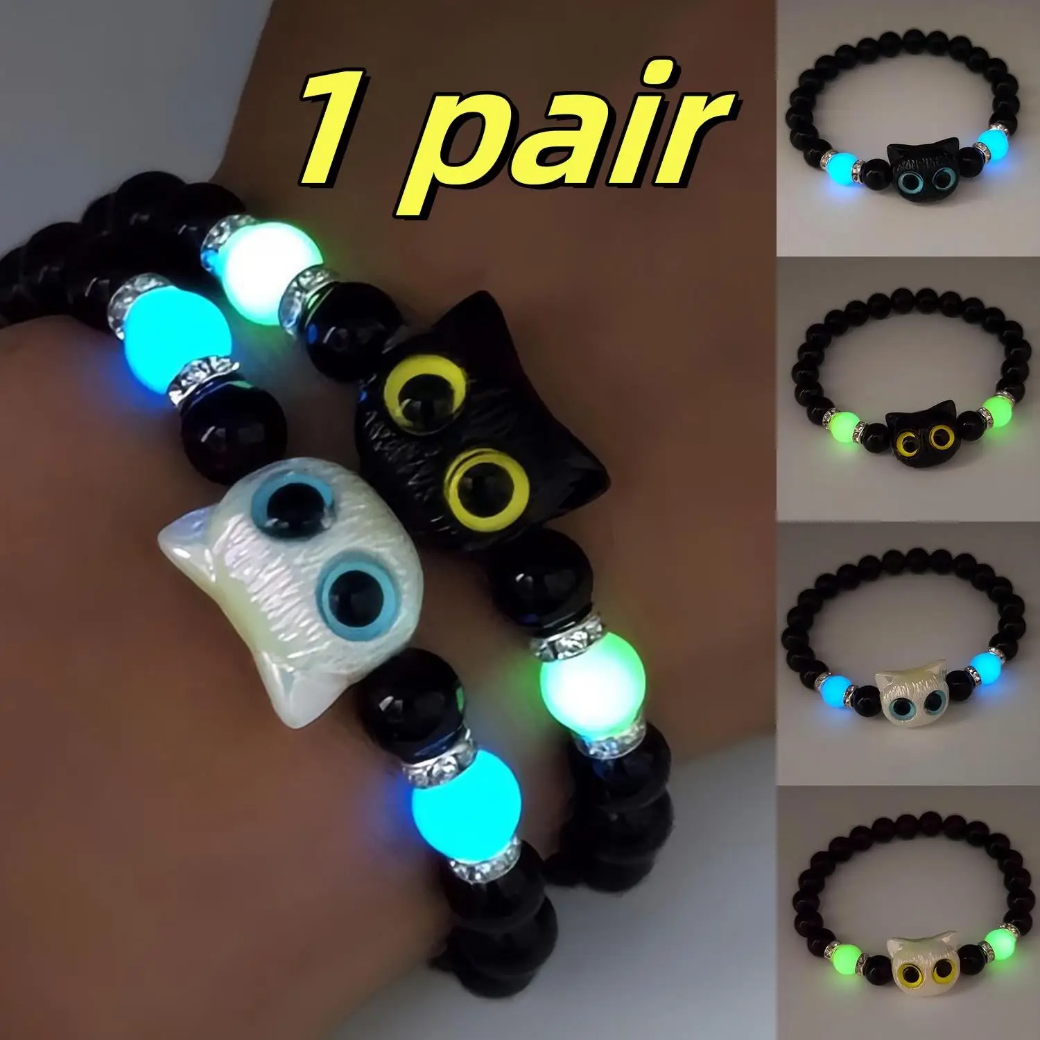 Cute Big Eye Cat Bracelets Glow-In-The-Dark Bracelet For Women Men Fashion Beaded Hand Chain Friendship Couple Bracelet Jewelry