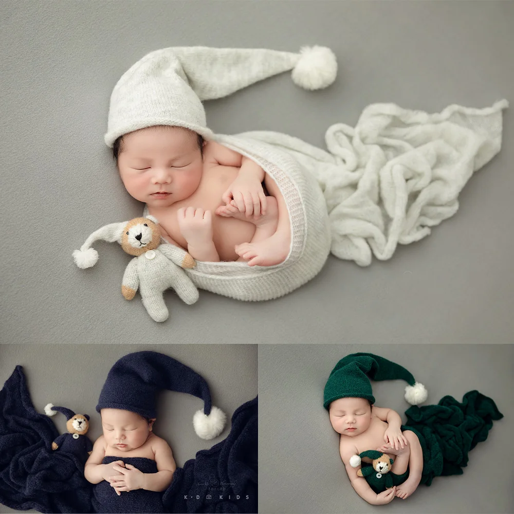 

Newborn Wrap Photography Props Stretchable Woolen Wrapping Knitted Goodnight Hat+Doll Set Studio Simple Photo Shoot Theme Props