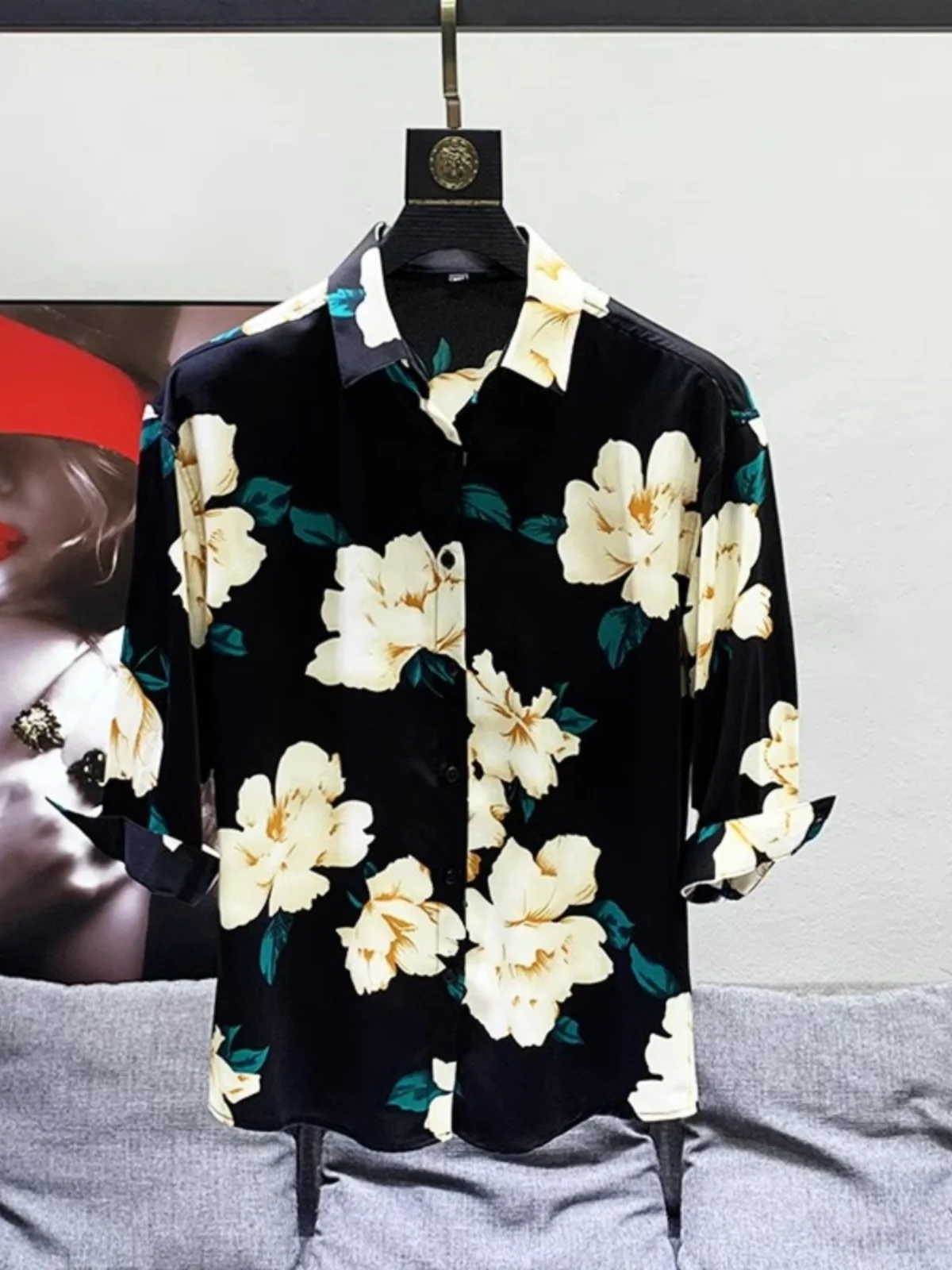 Men's Slim Fit Summer Shirt Half Sleeve Thin Seven Sleeve Floral Pattern No Ironing Required Fashionable Casual Wear