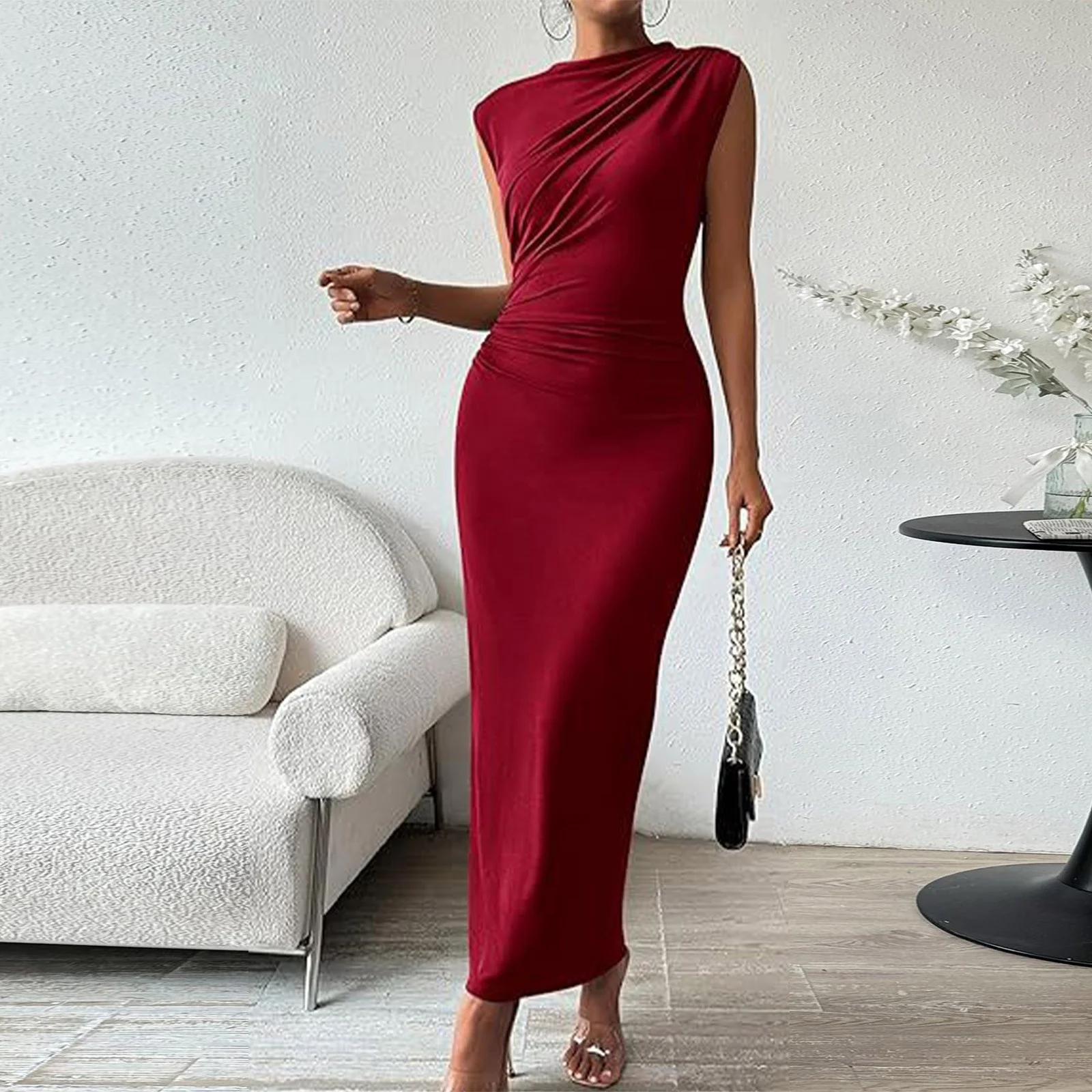 Vestido ajustado sexi para mujer, vestido sencillo de Color sólido sin mangas, vestido acampanado con cuello redondo y volantes, vestido para citas con temperamento elegante