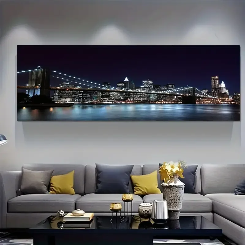 1pc No frame  Oil Painting, Living Room Wall Art Image, Painting Decoration, Brooklyn Bridge Night Light Posters And Prints