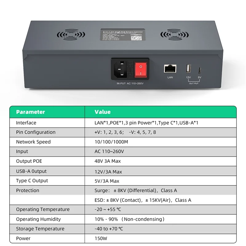 Well Made-For Starlink Gen2 5-In-1 POE Injector 180W Gigabit Ethernet Surge Passive ESD Protection Type C To RJ45 Adapter