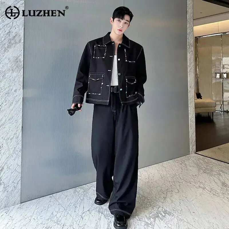 

LUZHEN Men Original Niche Design Pockets Decorate Patchwork Jacket Fashion Loose Straight Trousers Korean Two-piece Sets JY7161