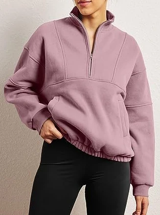 Woman Sweatshirts 2023 Autumn Zipper Pocket Design Stand Collar Long Sleeve Casual Solid Color Daily Crop Pullover Sweatshirt