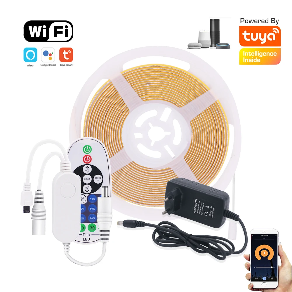 12V Wifi LED COB Strip Light Dimmable Power Kit US EU UK Remote Control 320LED 528LED 384LED Linear Lighting Flexible Led Tape