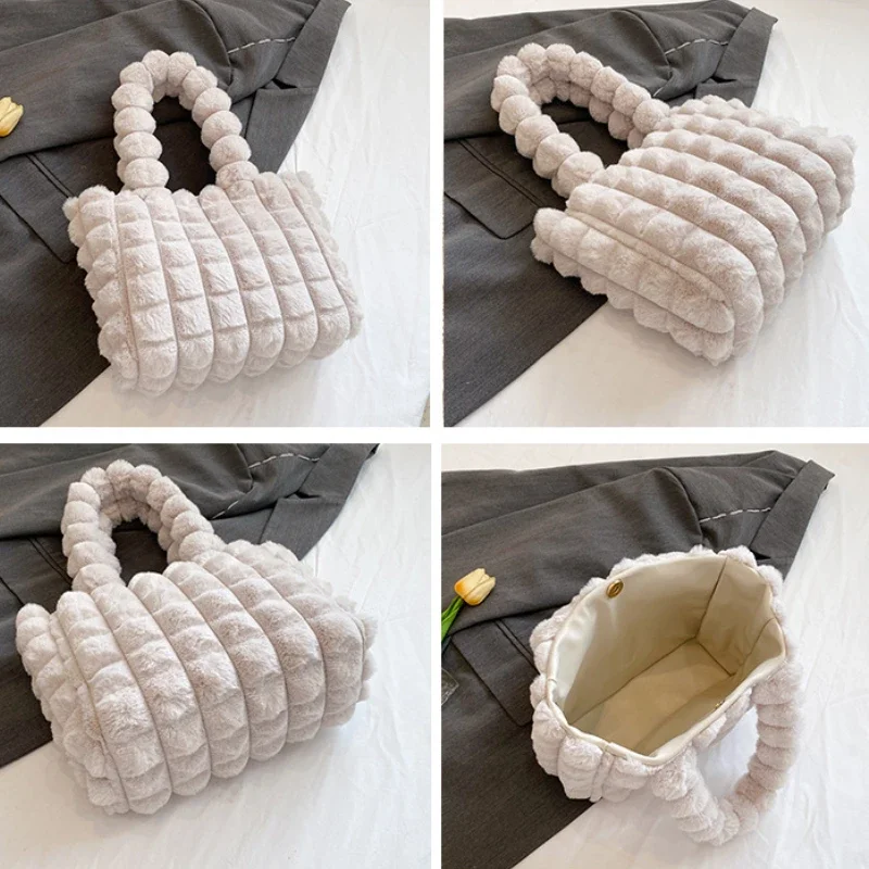 Fashionable Plush Tote Bag Winter Diamond Grid Small Fresh Shoulder Bag Women's Casual Tote Casual Handheld Crossbody Bag