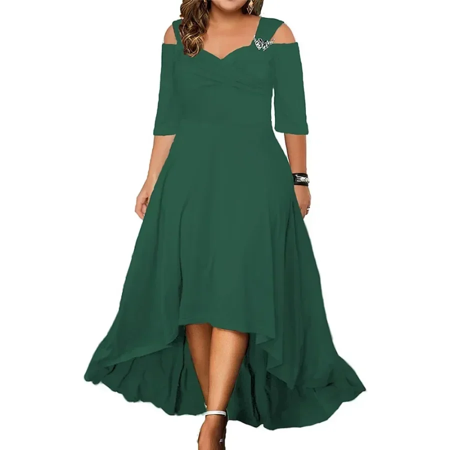 2024 Women\'s Off Shoulder Oversized Dress Solid Large Casual Dress for Fat Women Summer Half Sleeves Long Ruffle A-Line Dresses