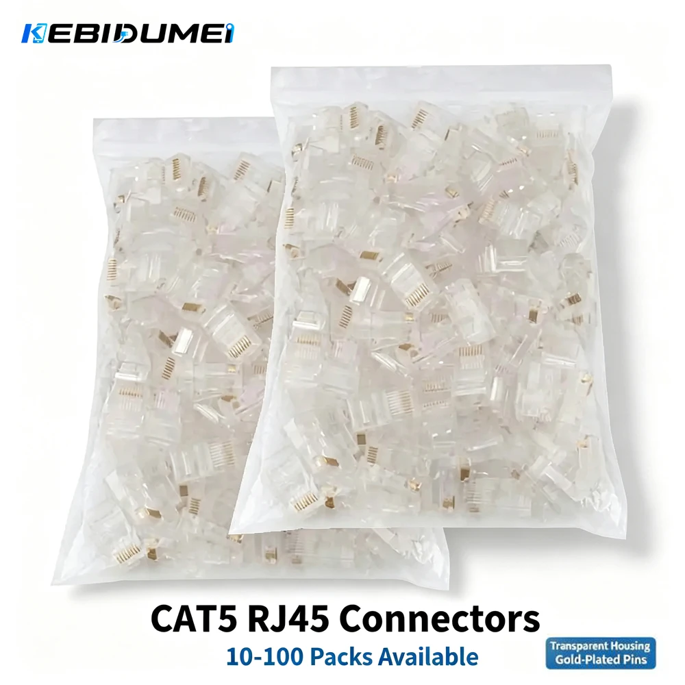 KEBIDUMEI 10-100PCS RJ45 CAT5 CAT5e 8P8C Modular Cable Head Plug Adapter Ethernet Gold Plated Network Connector Crystal Heads