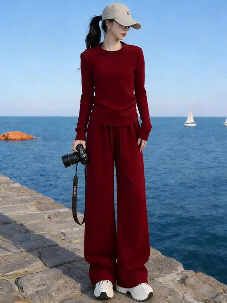 

Angela Red Women's Sporty Slim Fit Set Long Sleeve T-Shirt High Waist Wide Leg Pants Two Piece Spring Casual Sportswear