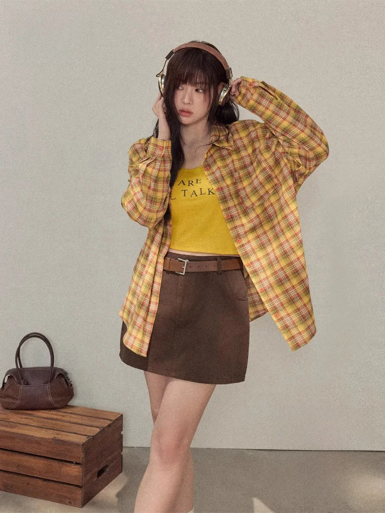 

Желтый полосатый комплект для похудения больших размеров: модная корейская юбка А-силуэта с высокой талией, длинная блузка с поясом и жилет