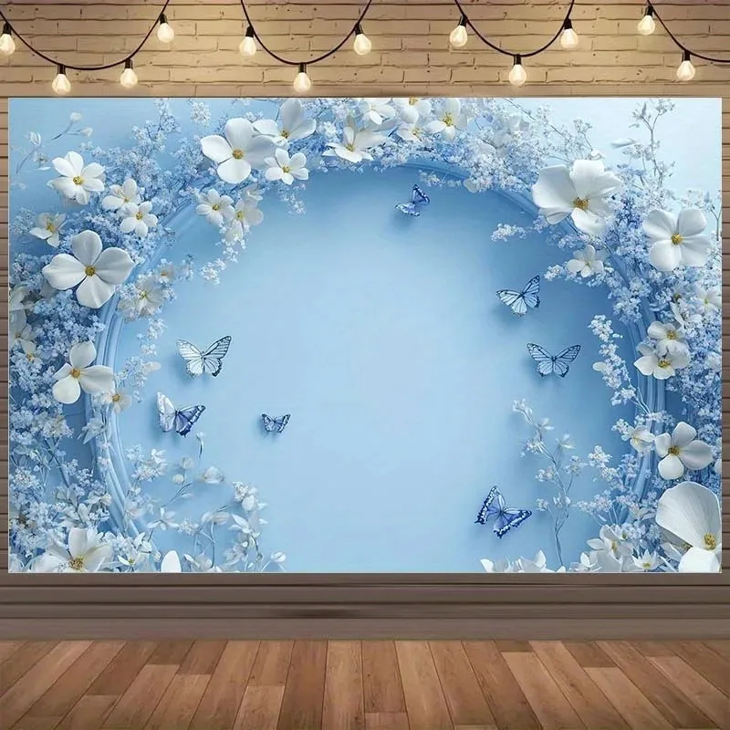 Blau-weißer Blumen-Schmetterlings-Fotohintergrund, Blumenkranz-Hintergrund für Frühlingshochzeiten, Geburtstagsfeiern, Dekorationszubehör